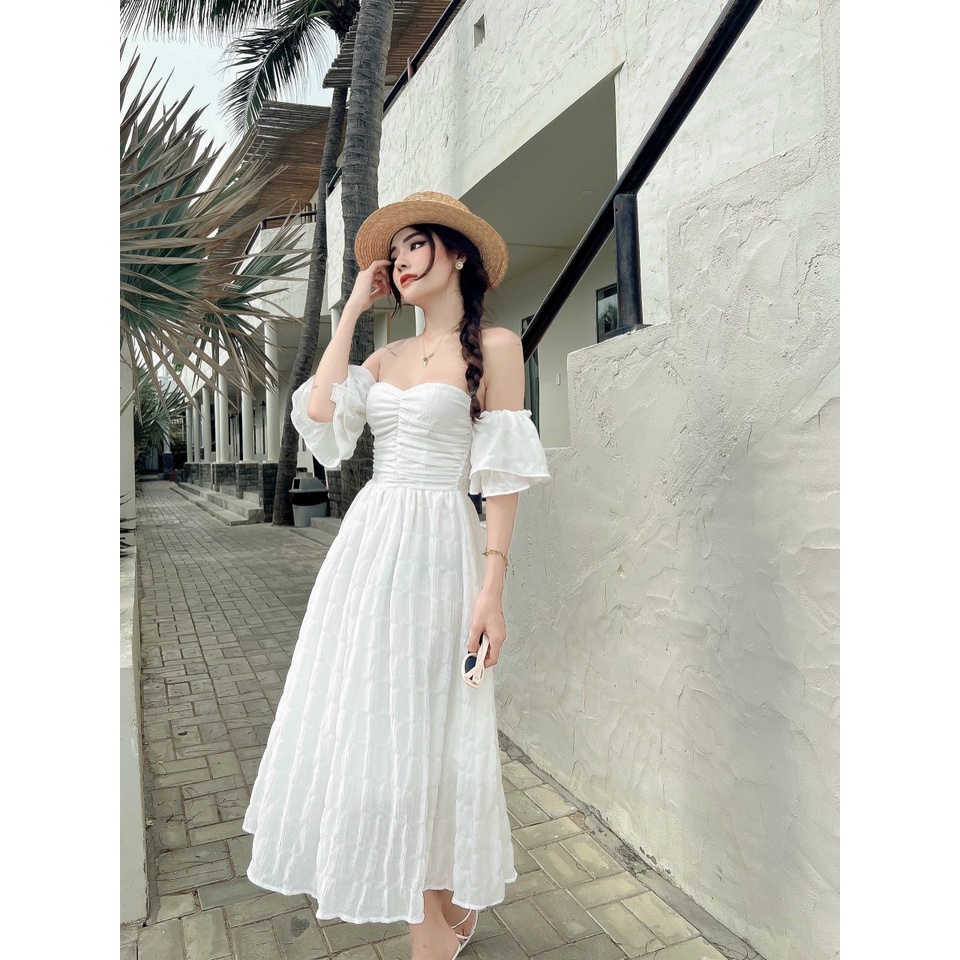 Đầm Dự Tiệc Đi Biển Maxi Dáng Xòe Dài Cổ Vuông Tay Phồng Mặc Được 2 Kiểu Sang Chảnh Thời Trang Váy Nữ[XM MINH PHÚC]