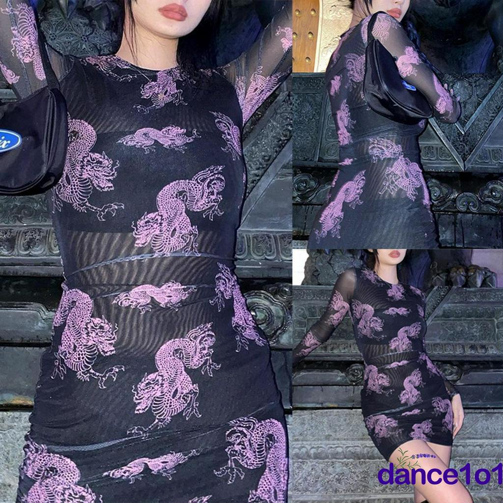 Đầm Body Tay Dài Lưng Cao Hoạ Tiết Rồng Cho Nữ