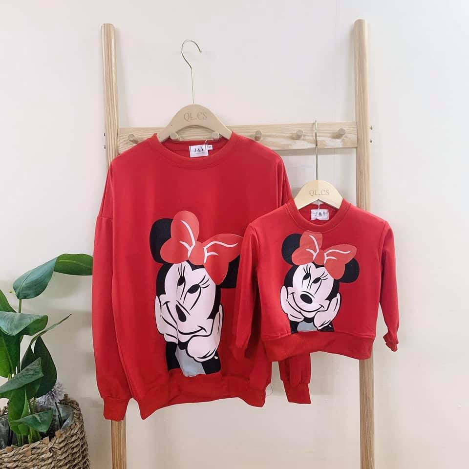 Áo nỉ bông nữ cho mẹ và bé mặc đôi hình mickey đỏ dày mịn không xù giữ ấm