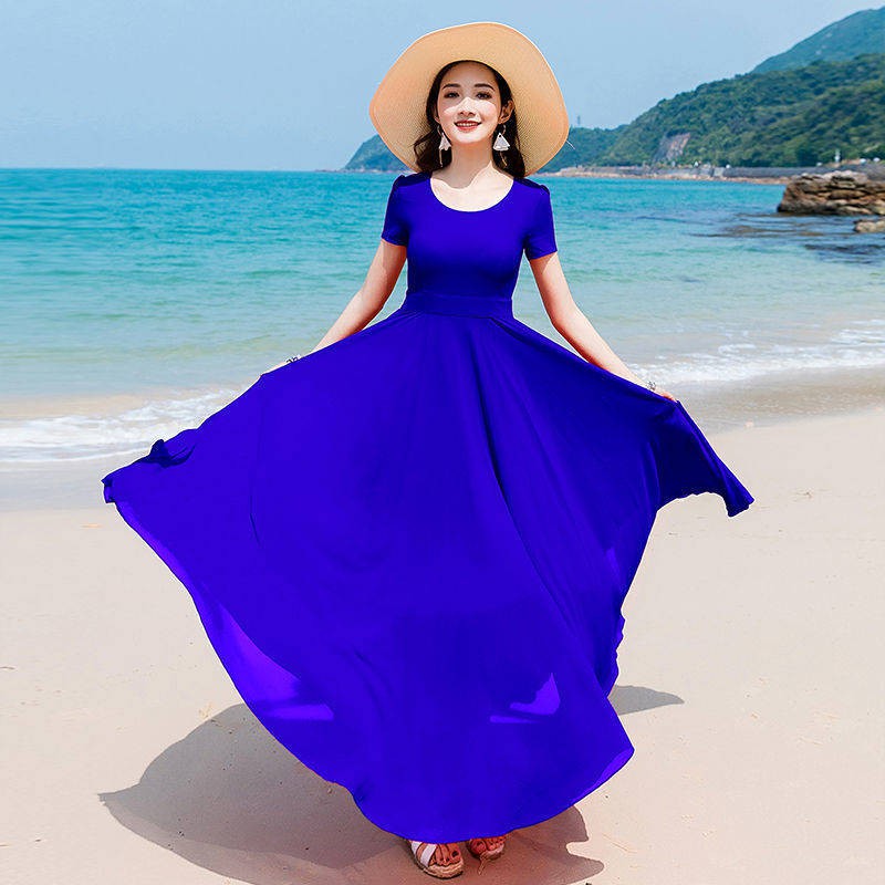 Đầm Chiffon Dài Ngang Gối Tay Ngắn Ôm Eo Thời Trang Mùa Hè Hàng Mới 2020 Dành Cho Bạn Nữ Mặc Khi Đi Biển