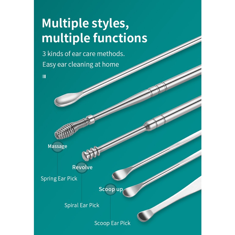 Set 6 dụng cụ lấy ráy tai bằng thép không gỉ và túi da nhiều màu tiện lợi