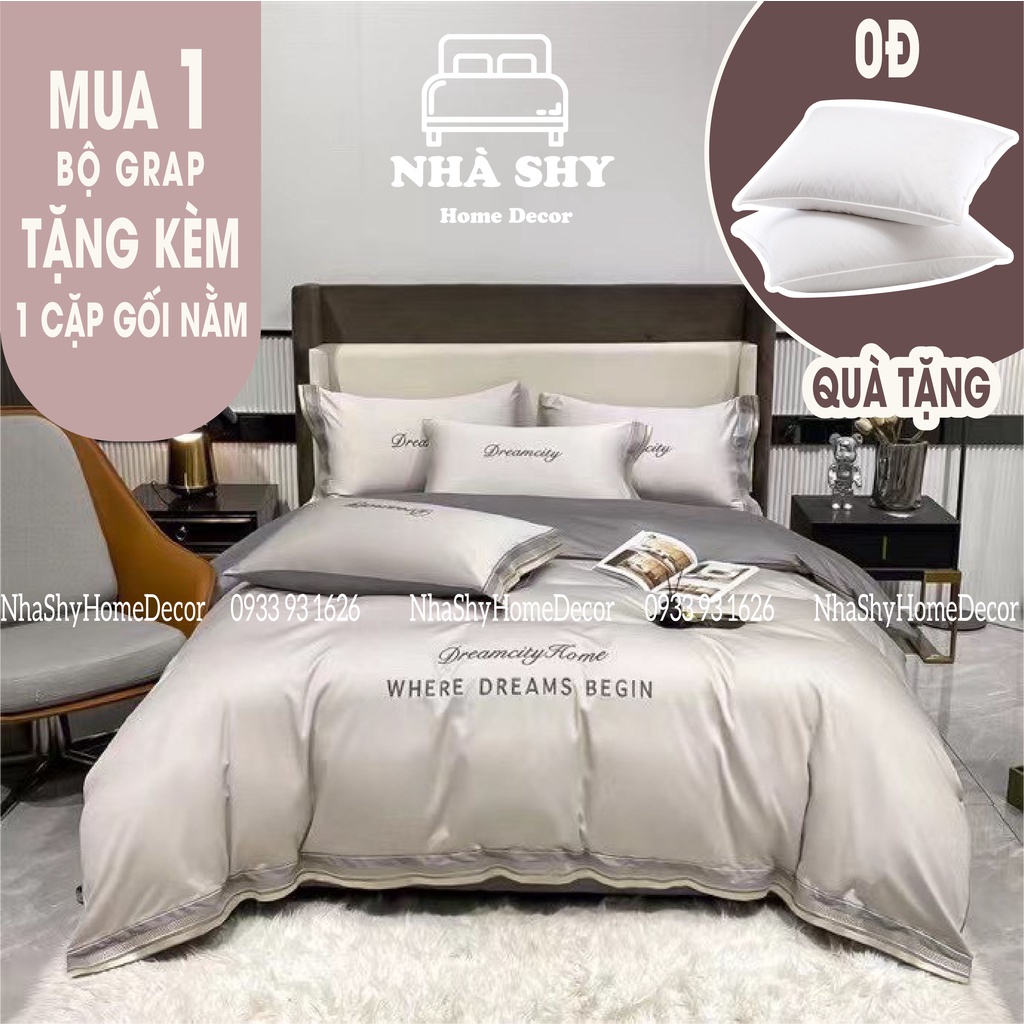 Trọn Bộ Chăn Ga Vỏ Gối Lụa Cotton Where Dreams Begin - Họa Tiết Viền Phối Hai Màu
