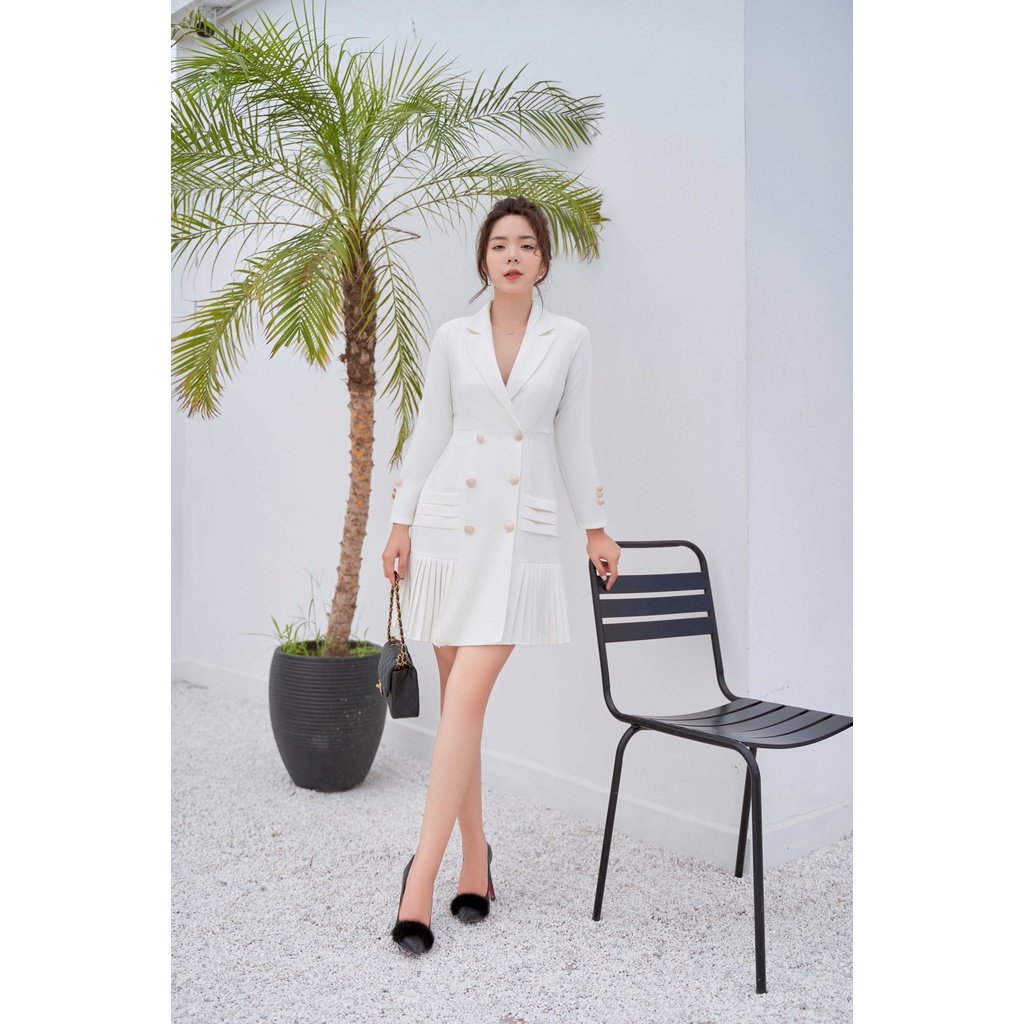 Đầm váy cổ vest xếp ly dáng dài, đầm công sở dài tay cho nữ - V14