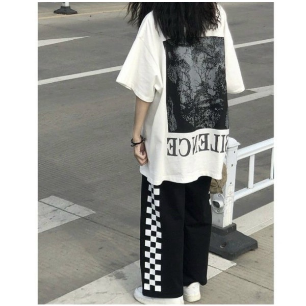 Set quần culottes sọc caro áo thun Silence ⚡ Casper.Store | FREESHIP | ⚡ Bộ quần dài ống rộng kèm phông tay lỡ oversize