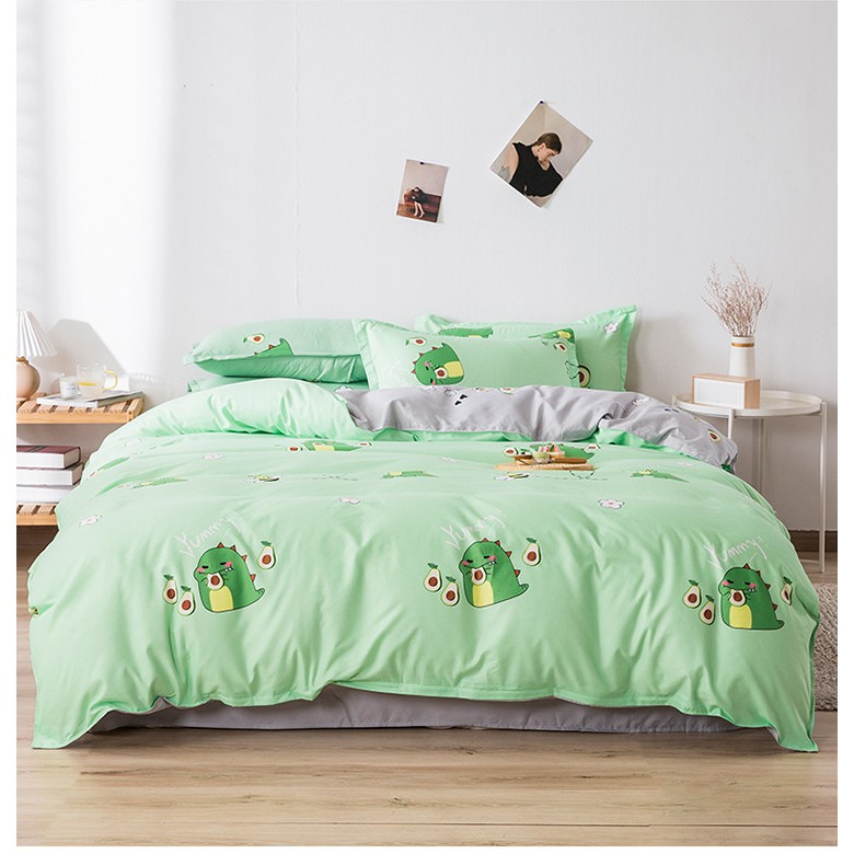 Bộ chăn ga gối poly cotton - Khủng long bơ xanh ( Không kèm ruột )