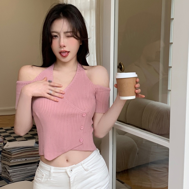 Áo Thun Dệt Kim Tay Ngắn Dáng Ôm Thời Trang Quyến Rũ Cho Nữ