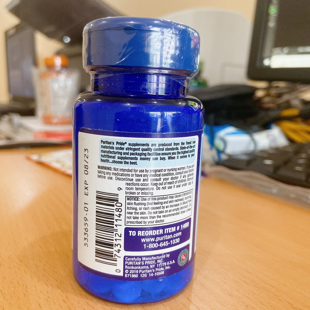 Viên uống giảm nhiệt miệng,lỡ loét miệng,viêm da, mất trí nhớ, tiêu chảy, Vitamin B3 Puritan's Pride Niacin 100mg 100v