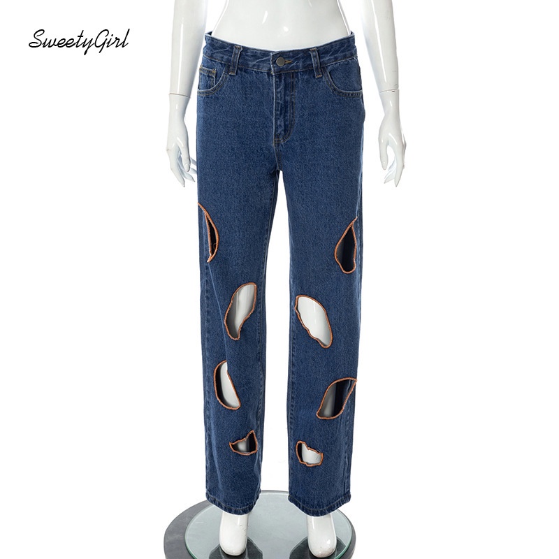 Quần Jean Ống Đứng Lưng Thấp Thiết Kế Rách Độc Đáo Thời Trang 2022 Cá Tính Cho Nữ