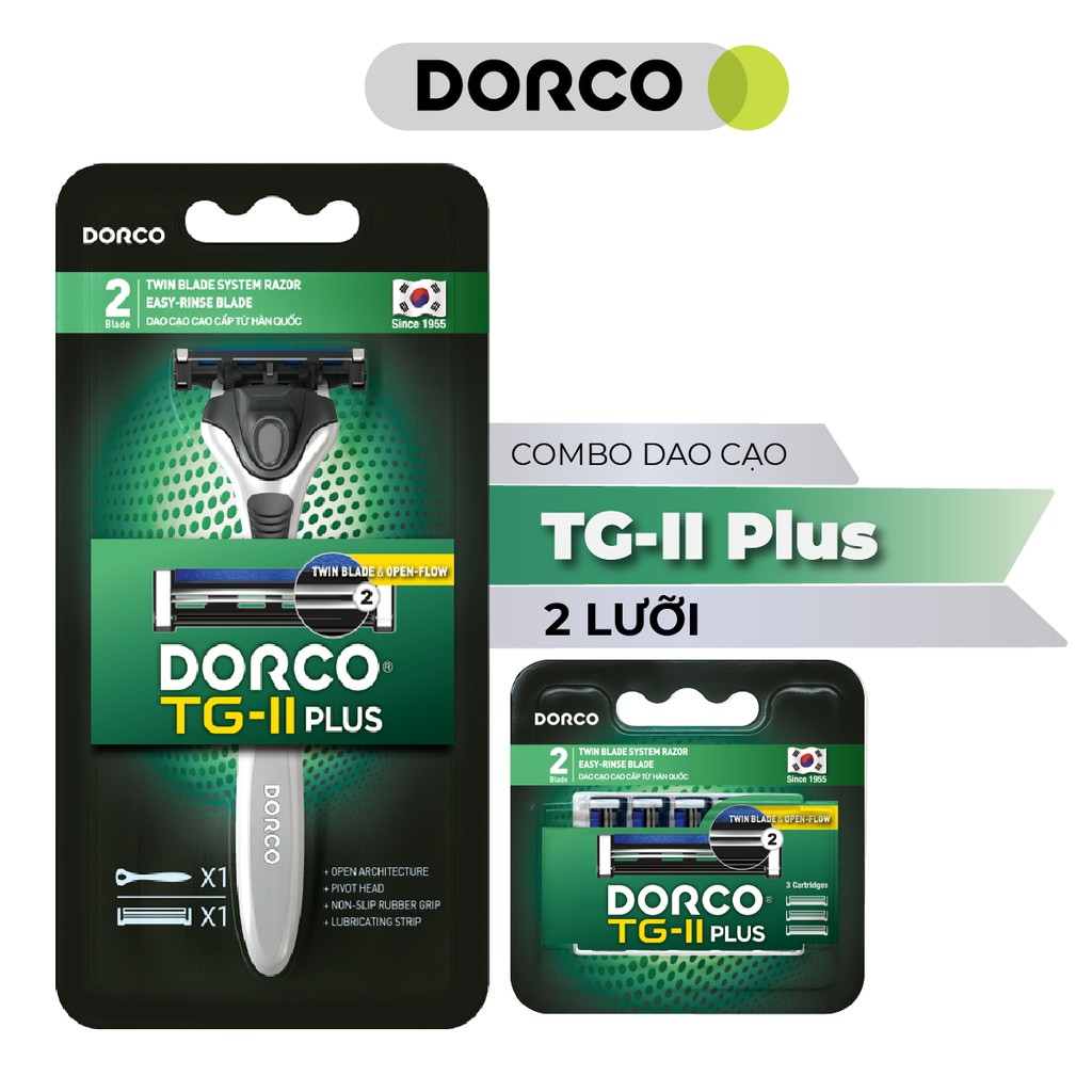 Combo Dao Cạo Và Vỉ 3 Đầu Cạo Râu Hàn Quốc  2 Lưỡi Dorco Tg-Ii Plus System TNA 3001 - TNA 3030 (1 cán + 4 đầu dao cạo)