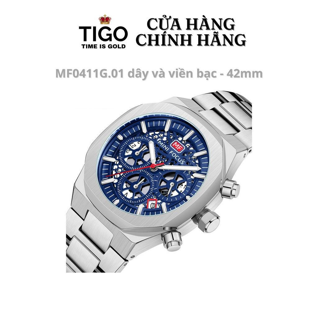 Đồng Hồ Nam MINI FOCUS MF0411G.01 Dây Thép Bạc Viền Bạc Lộ Máy Thép Không Gỉ Cao Cấp Mặt Tròn Đường Kính 42mm Chống Nước