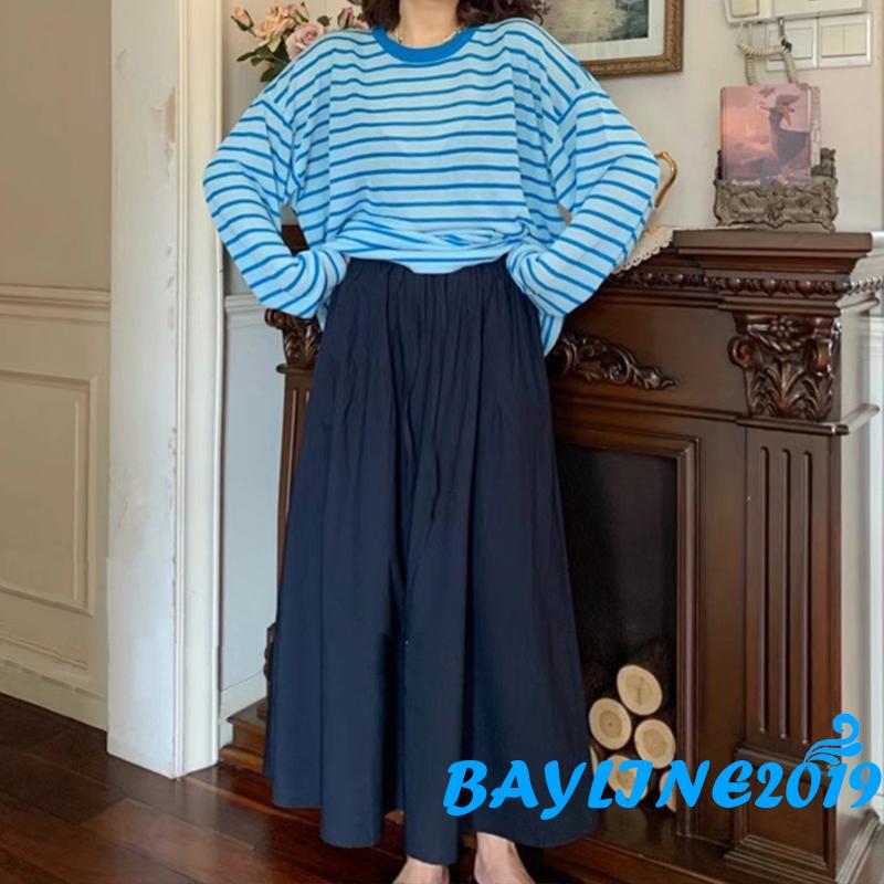 Áo Thun Nữ Dài Tay Cổ Tròn Họa Tiết Sọc Ngang Trẻ Trung Hợp Thời Trang