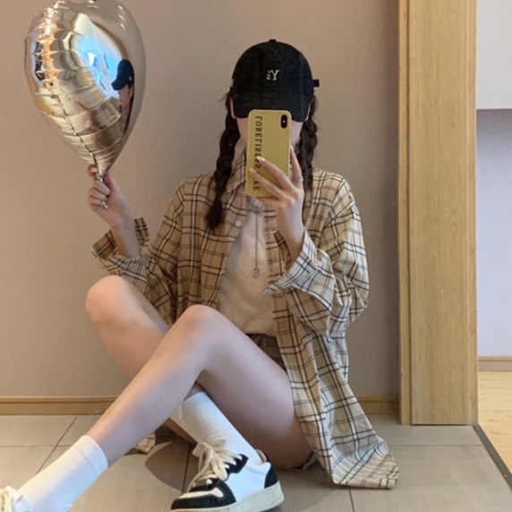 ZHELIHANGFEI Áo Sơ Mi Caro Tay Dài Dáng Rộng Thời Trang Cho Nữ