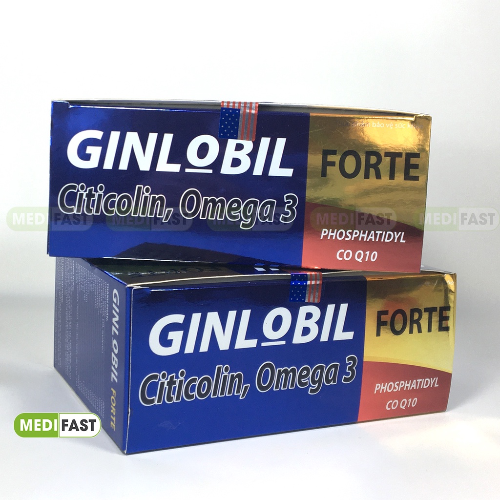 Tăng cường lưu thông máu não GINLOBIL FORTE Hộp 100v - Viên uống bổ sung dưỡng chất cho não chứa Citicolin, Omega 3