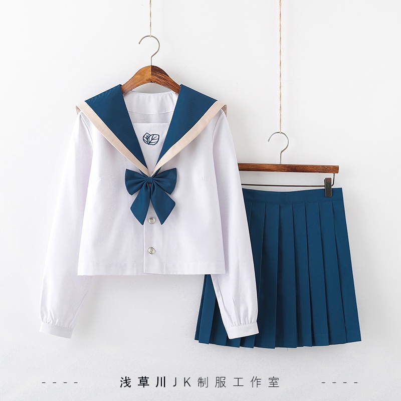 Seifuku/ Set váy đồng phục học sinh Nhật Bản: áo cổ thủy thủ thêu lá + nơ + chân váy xòe xếp ly