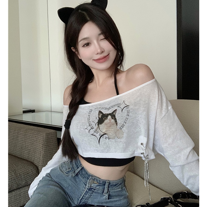 Áo Thun Tay Dài Hở Vai In Họa Tiết Thời Trang Cho Nữ