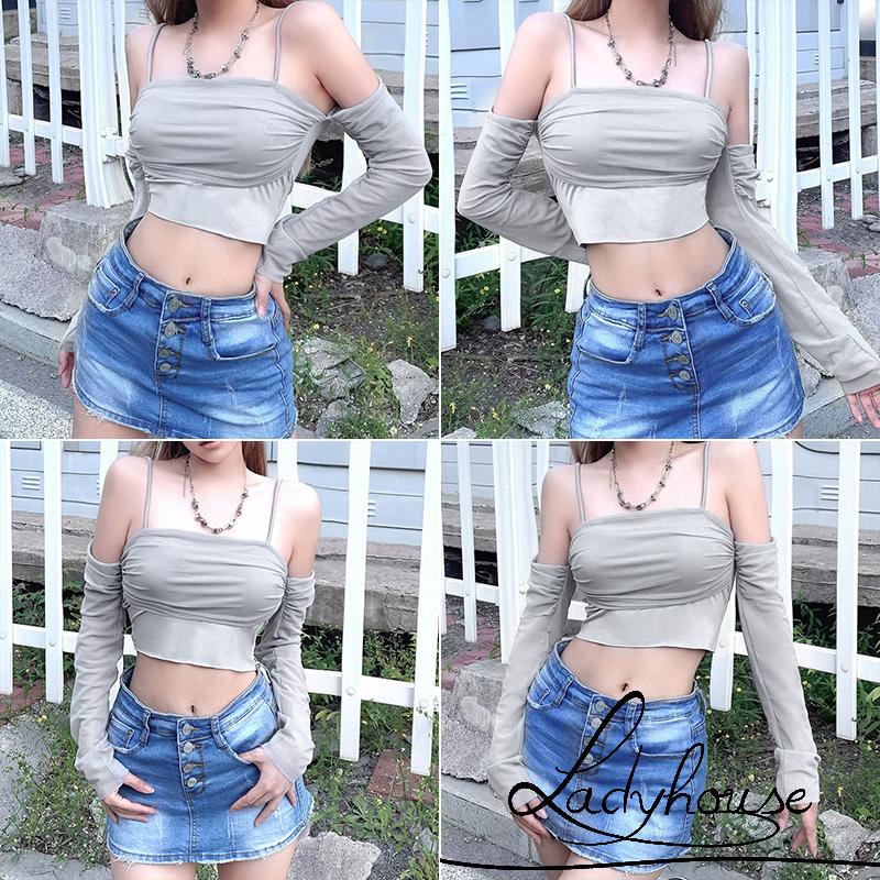 Áo Croptop Trễ Vai Tay Dài Phối Lưới Màu Trơn Thời Trang Xuân Hè Cho Nữ