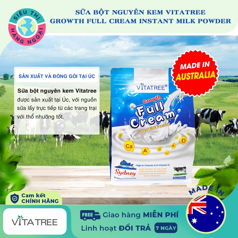 Sữa bột nguyên kem Vitatree từ Úc Growth Full Cream Instant Milk Powder 1kg Date 05/2023[Nguồn dinh dưỡng cho sức khỏe]