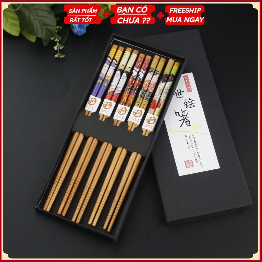 Combo Set 5 Đôi Đũa Gỗ Phong Cách Nhật Bản Không Chất Bảo Quản