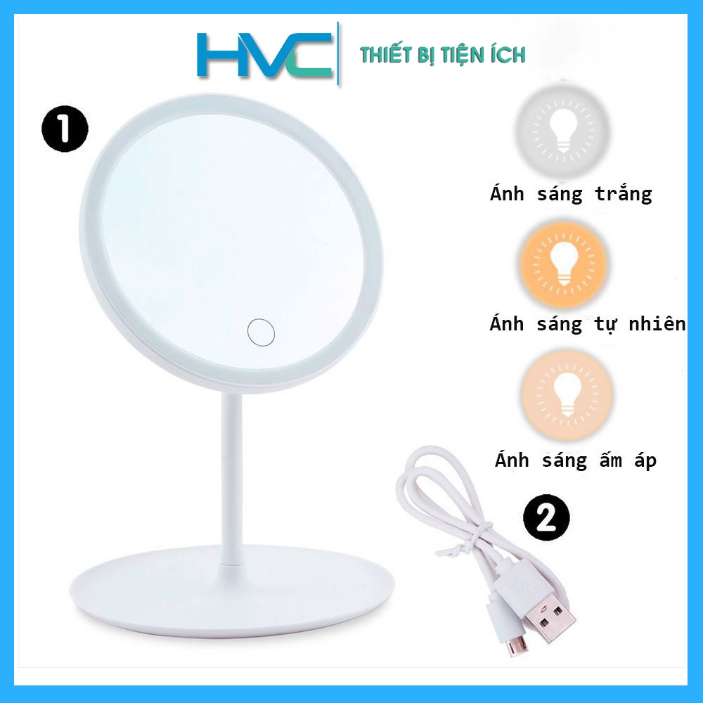 Gương trang điểm để bàn có đèn led cảm ứng cao cấp , gương mini 3 chế độ sáng