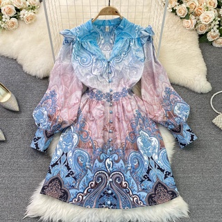 #1198 [Order/ Sẵn L] Đầm tay dài màu xanh họa tiết nút gài phong cách retro đủ size
