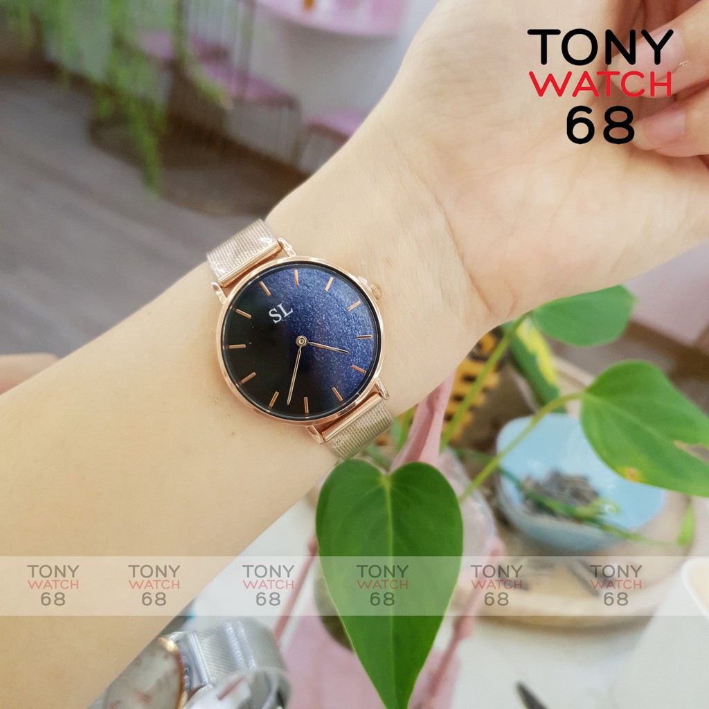 Đồng hồ nữ SL dây kim loại vàng hồng mặt nhũ 2 màu độc đáo chống nước chính hãng Tony Watch 68 | BigBuy360 - bigbuy360.vn
