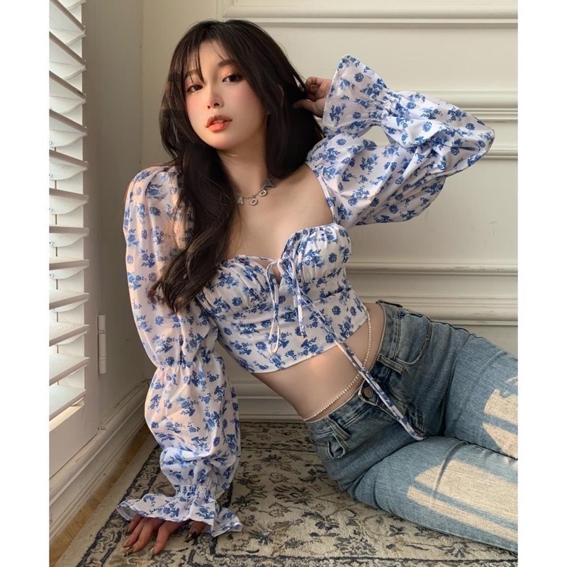 Áo Croptop Tay Dài, Áo Sơ Mi Nữ Kiểu Trễ Vai Tay Phồng Ôm Eo Sexy Hoa Nhí Cổ Vuông Hàn Quốc Chali AC005