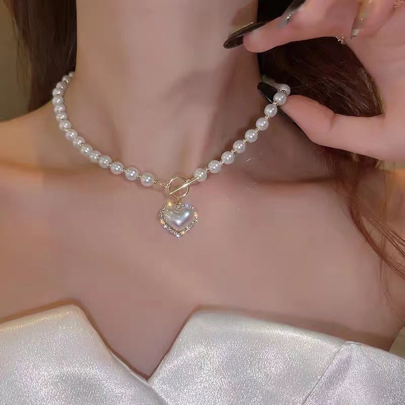 Ot Vòng cổ Hình Trái Tim Đính Ngọc Trai Và Kim Cương Thời Trang Hàn Quốc