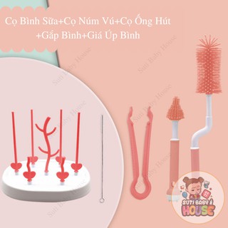 Bộ cọ rửa bình sữa silicon 5 chi tiết cao cấp cho bé,tay cầm xoay 360 độ,cọ rửa núm ti, ống hút,gắp bình,giá úp bình.