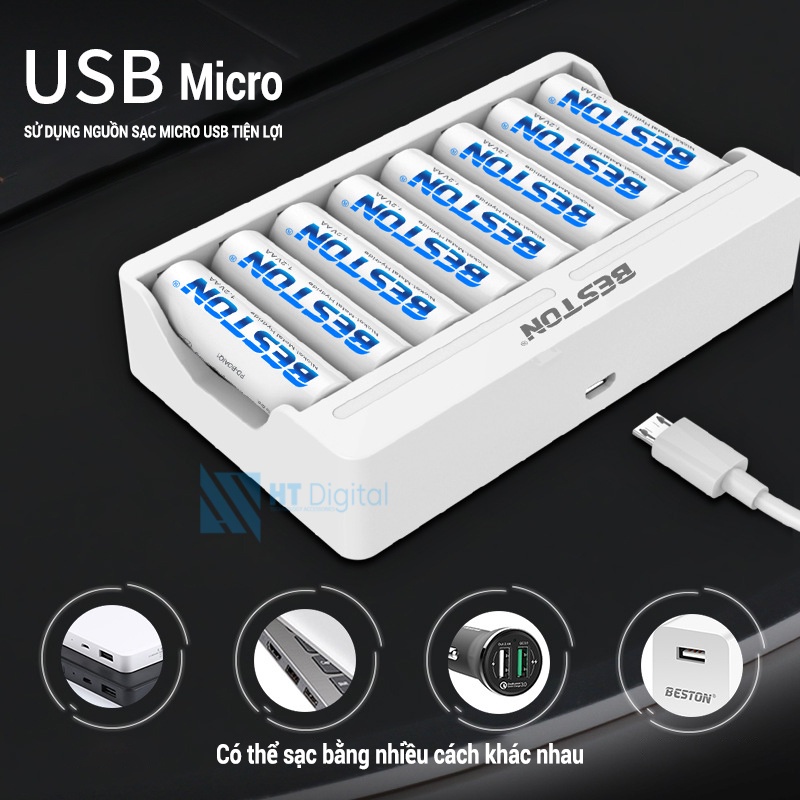 Bộ Sạc 8 pin AA AAA Beston C9010 cho pin sạc công suất lớn, có tính năng sạc nhanh, đèn báo thông mình dùng cho micro..