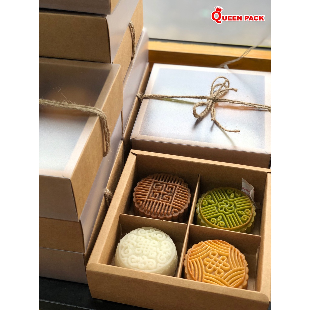 [QP-G] SET 5 Cái hộp giấy vuông kraft loại 4 ngăn và 6 ngăn đựng bánh kèm nắp nhựa mica mờ