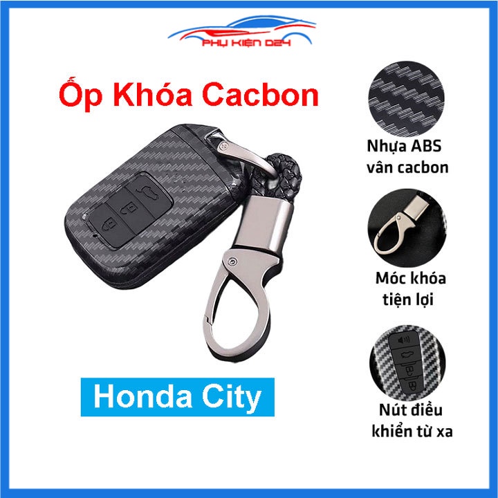 Ốp vỏ bọc chìa khóa xe Honda City sợi nhựa cacbon kèm móc treo Inox