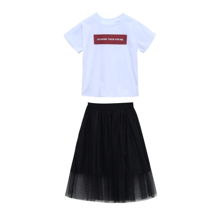 Short sleeve t-shirt set + Korean style mesh skirt, lovely fashion for girls