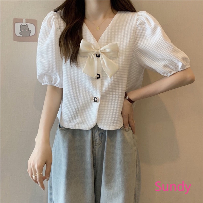 Áo Kiểu Tay Phồng Cổ Chữ V Thắt Nơ Họa Tiết Sọc Caro Thời Trang Mùa Hè