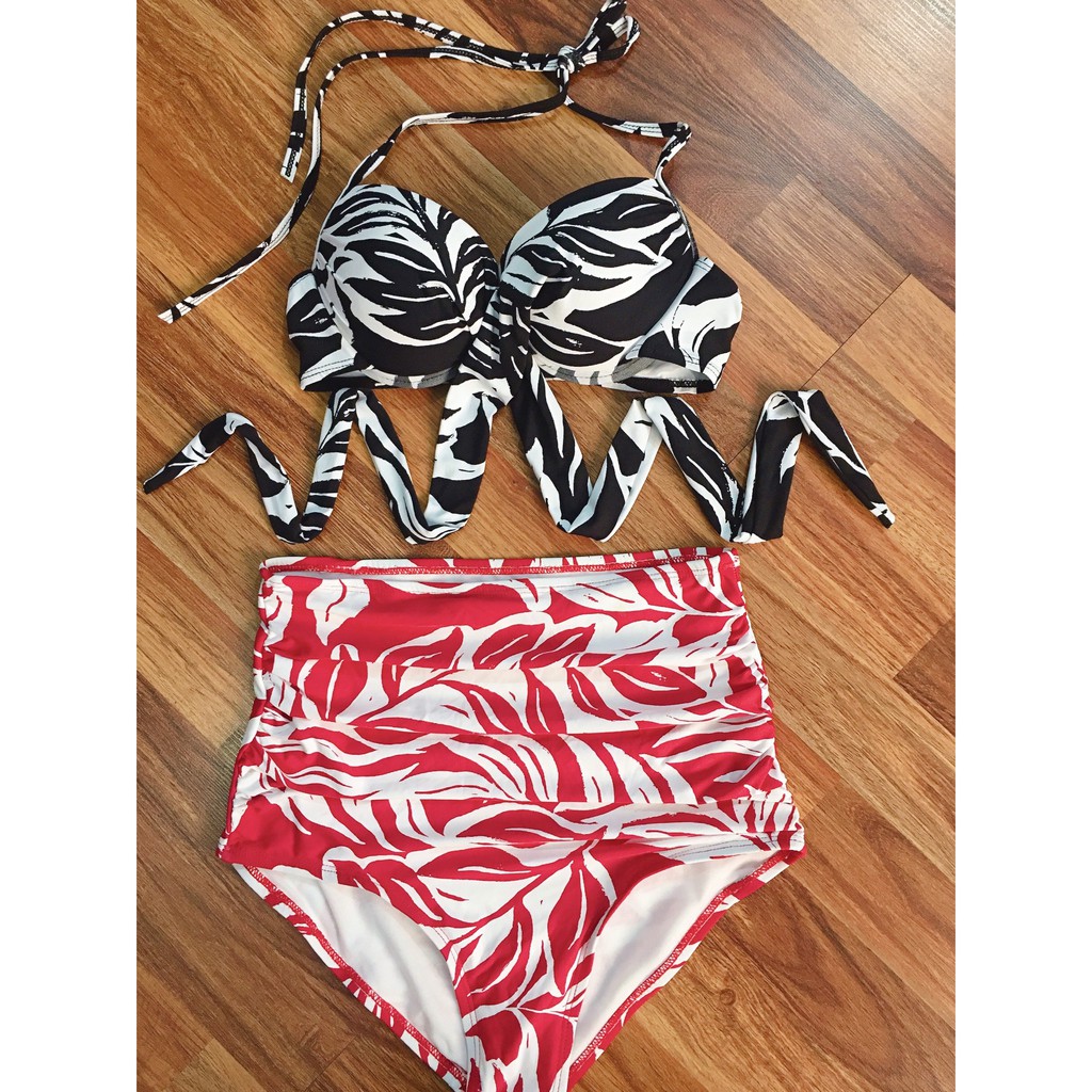 Bikini, Đồ Bơi Đi Biển Hai Mảnh Gọng Chéo Họa Tiết Cạp Cao Secxy AG377