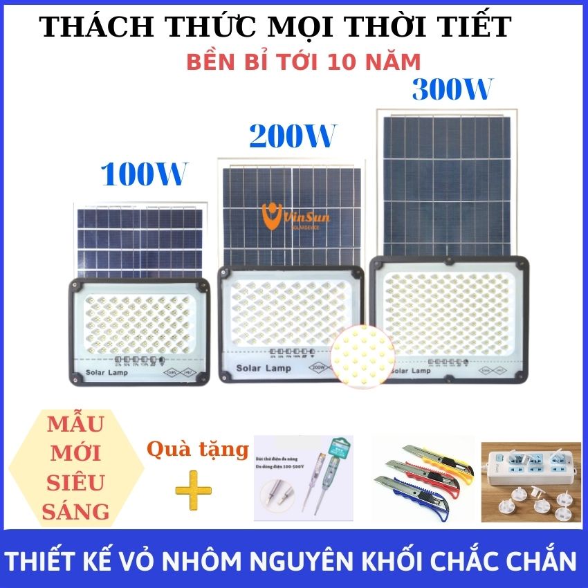Đèn led năng lượng mặt trời, đèn mặt trời chống lóa 100W 200W 300W, đèn năng lượng mặt trời sân vườn vỏ nhôm,denvinsun