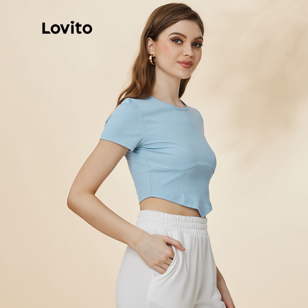 Áo thun dáng ngắn Lovito cổ tròn tay ngắn trơn màu L19D406 (màu xanh dương)