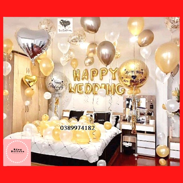 Trang trí phòng cưới ❤️FREESHIP❤️ Set bong bóng trang trí phòng cưới, đám cưới vàng c33 - Tặng 100 cánh hoa hồng giả