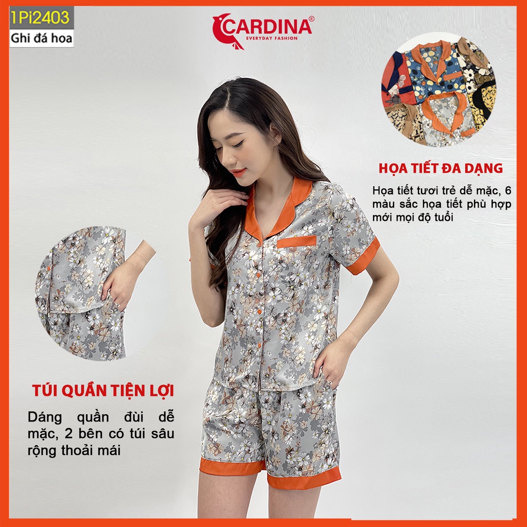 Đồ bộ nữ CARDINA pijama chất lụa Satin Nhật cao cấp quần đùi áo cộc tay họa tiết trẻ trung 1Pi24