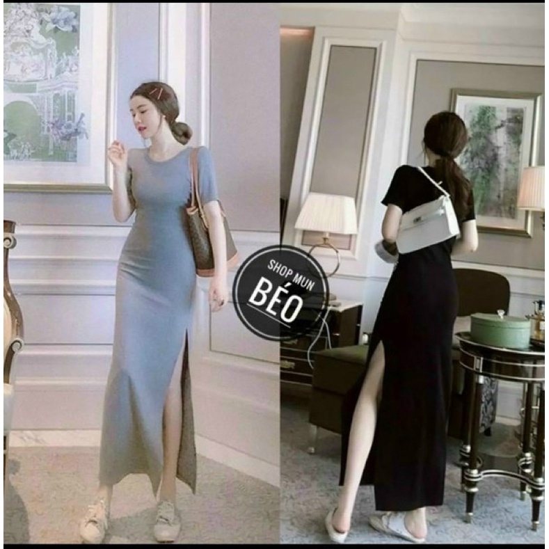 Đầm body cổ tròn dáng dài qua gối xẻ tà chất pozip mềm mịn