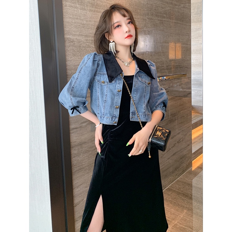 Set Đầm Hai Dây + Áo Khoác Denim Dáng Ngắn Thời Trang Mùa Thu Mới Cho Nữ 2021