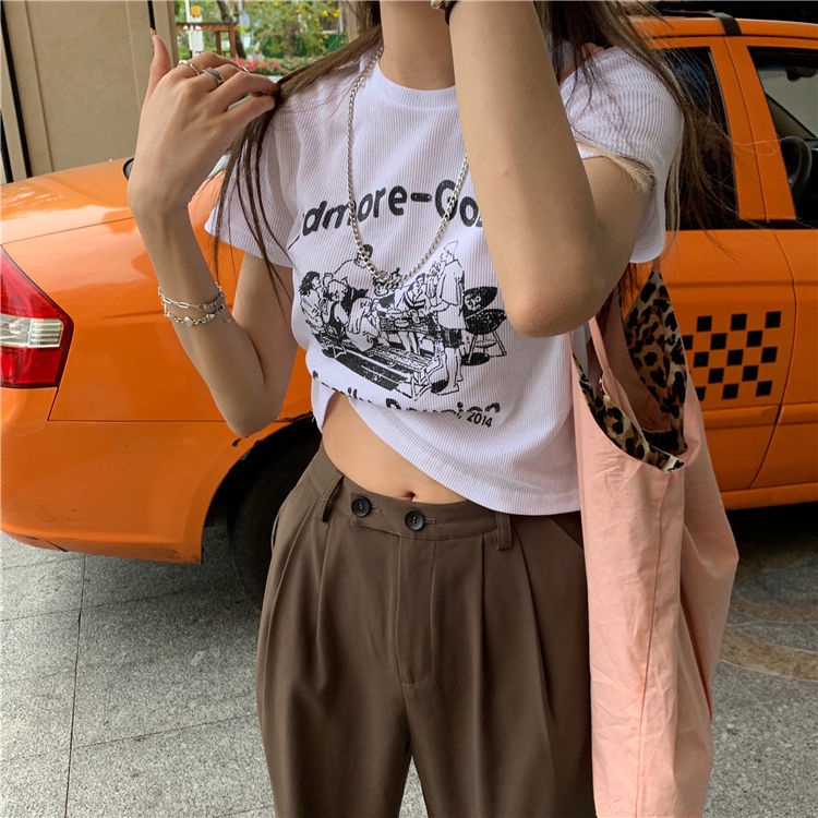 Áo Thun Croptop Tay Ngắn Dáng Ôm In Họa Tiết Kiểu Retro Dễ Thương