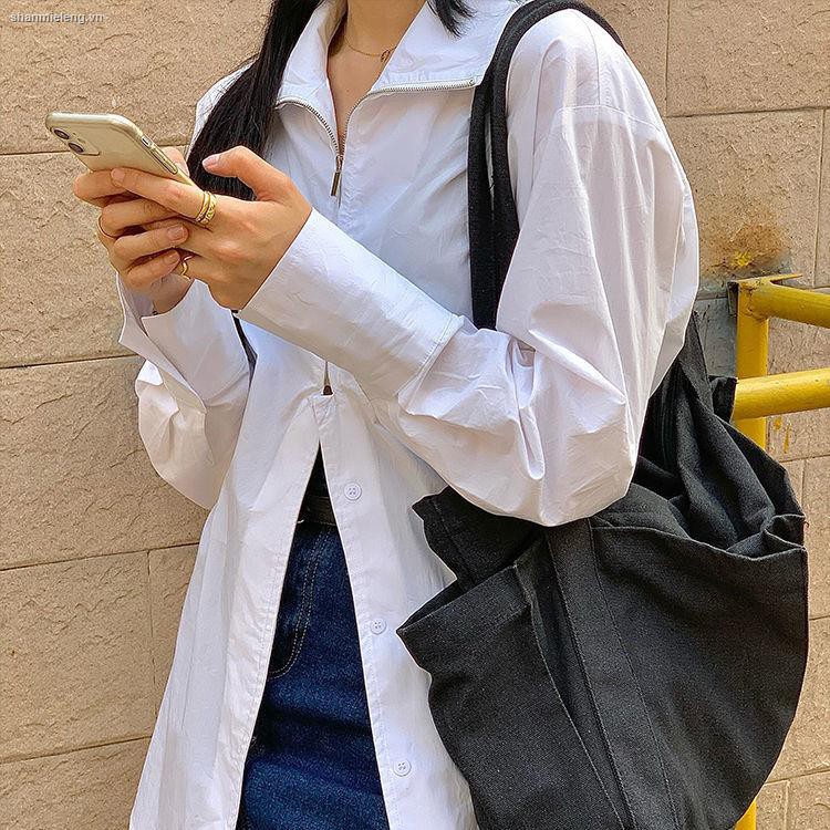 Áo sơ mi trắng phối nút khóa kéo phong cách retro Hong Kong mới cho nữ