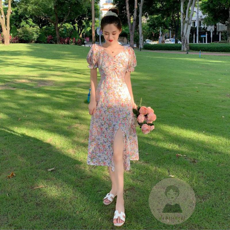 Đầm Hoa Tay Phồng Cổ Chữ V Xẻ Tà Thời Trang Mùa Hè Cho Nữ