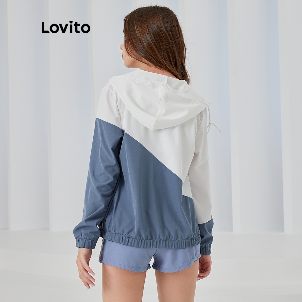 Áo khoác Lovito có dây khóa kéo họa tiết ghép màu phong cách thể thao ngoài trời L04039 (Màu xanh dương)