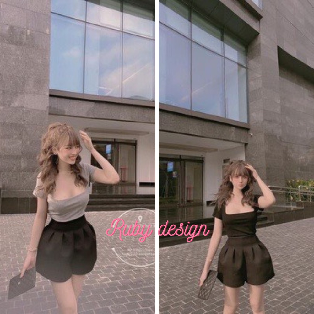 Áo thun nữ kiểu ngắn tay cổ vuông chất bozip co giãn, cổ U phom ôm nhiều màu - Ruby design