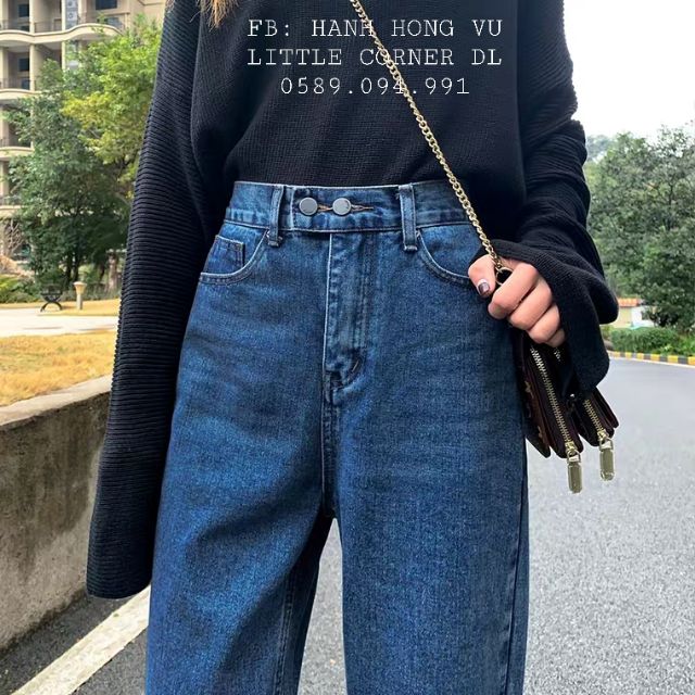 Quần jeans baggy lưng chun màu đậm ống suông 2 nút đôi ullzang kèm ảnh thật hàng sẵn