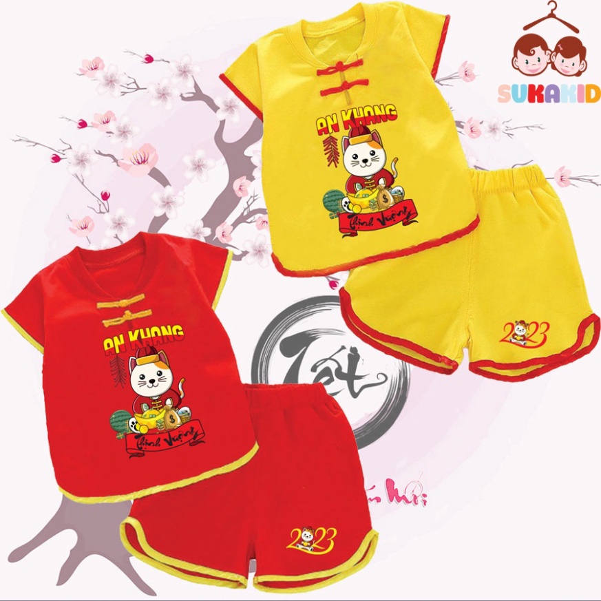 Gía sỉ Bộ quần áo tết hình mèo an khang thịnh vượn bé nút tàu tết bé từ 6kg-29kg.NT08.