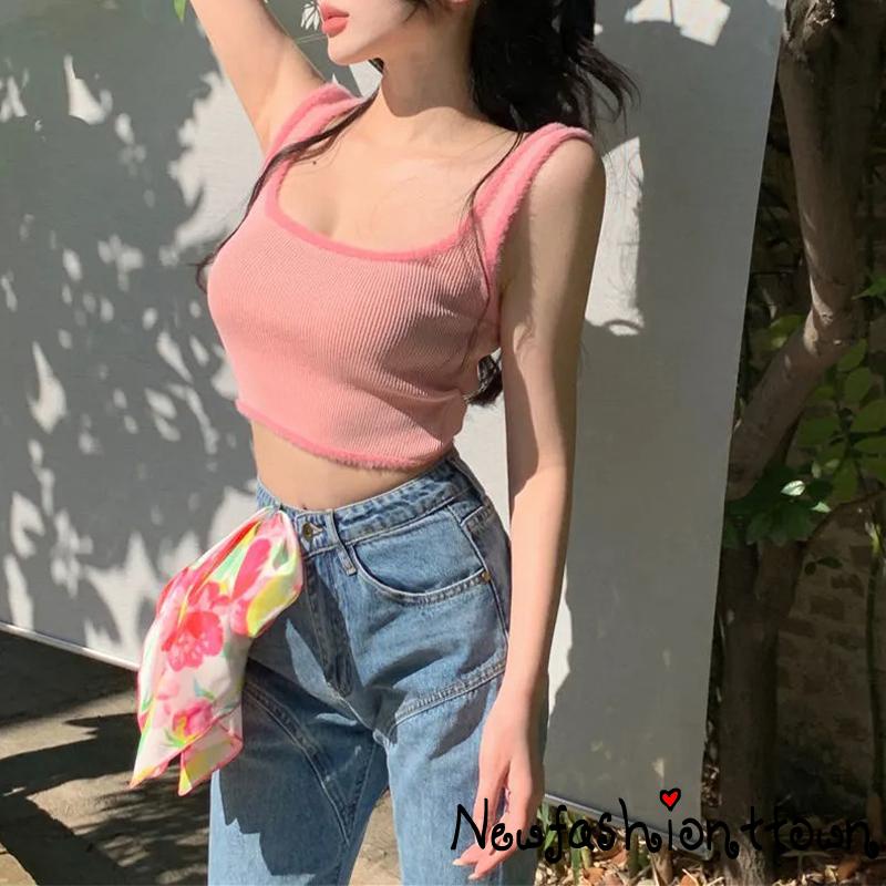 ღtwღWomen Summer Crop Tops, Plush Hem Decor Ribbed Bottoming Sleeveless Elastic U-neck Camisole