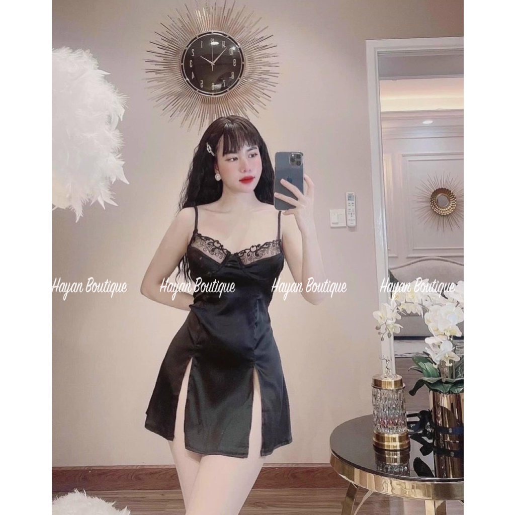 HT85 Váy ngủ sexy xẻ đùi có GỌNG tôn dáng, đồ ngủ lụa phối ren quyến rũ mặc nhà HT85
