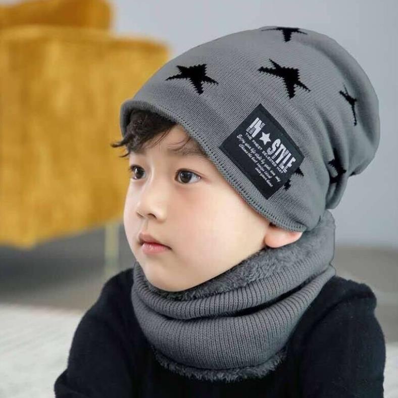 Mũ Len Kèm Khăn Hình Sao Lót Lông Siêu Ấm Cho Bé